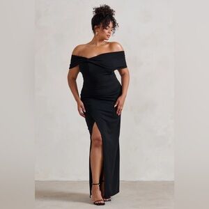 NWT Club L London Black Off-Shoulder, Thigh Slit Maxi Gown Black Tie US 10